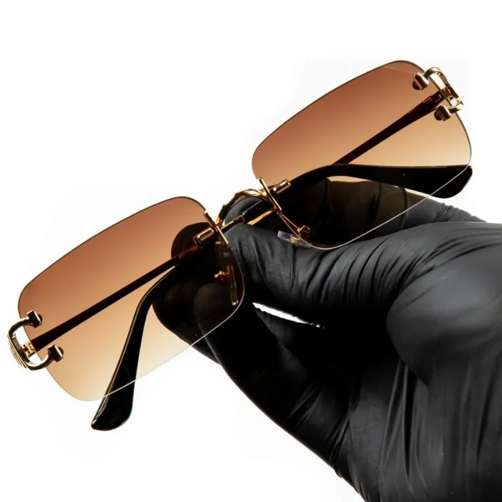 Men Sunglasses Brown Lens Rimless Luxury Retro Shades‎ Gold Metal Lentes Gafas
